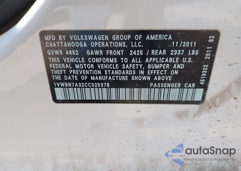 2012 Volkswagen Passat 2.0L Tdi Se из США, поврежденный, VIN 1VWBN7A32CC025378